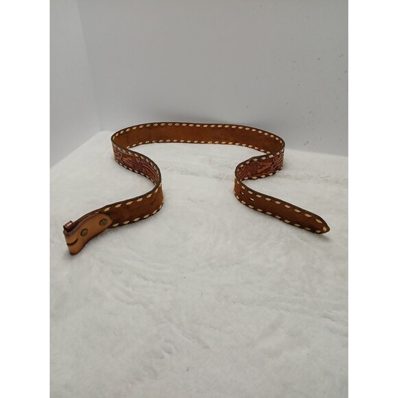 Vintage Hand Tooled Brown Leather Belt Floral PAUL Embossed Weave Edge Size 34 - Picture 2 of 9